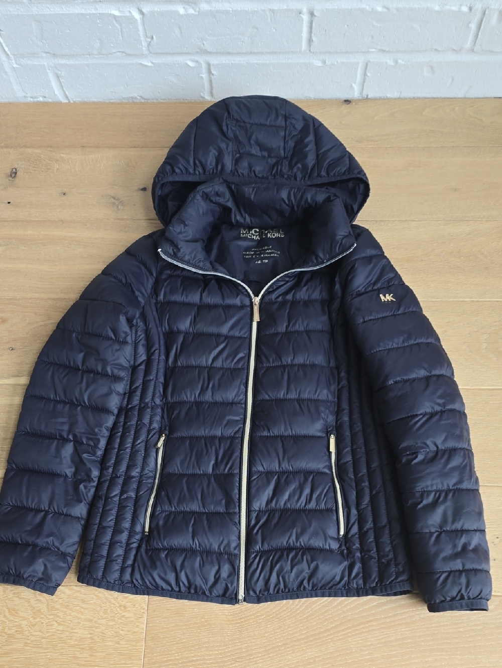 Michael Kors Dark Navy Quilted Hooded Puffer with Gold Accents